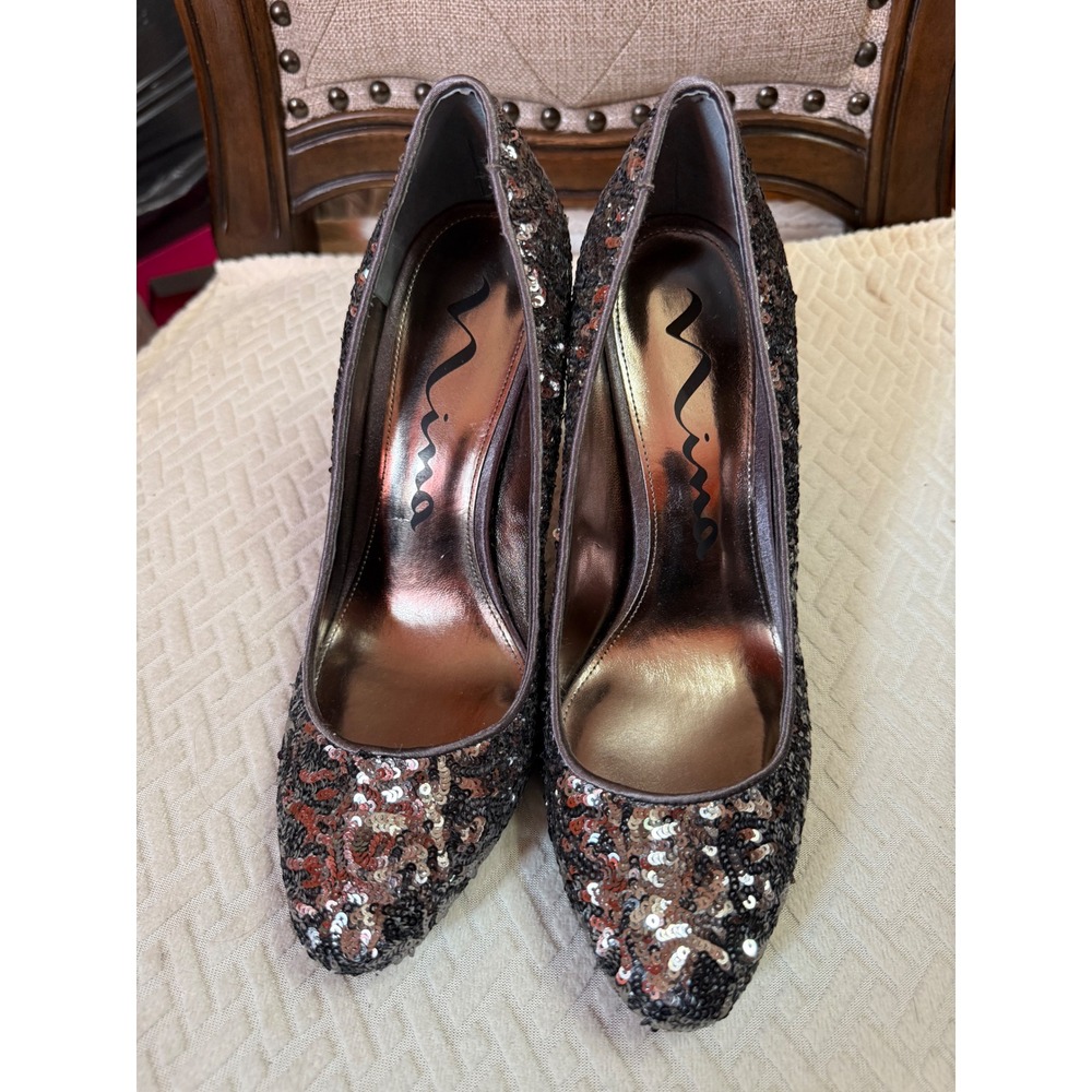 Nina Sequin Pointed Toe Pumps Pewter Silver Bronze Stiletto Heels Size 7.5M